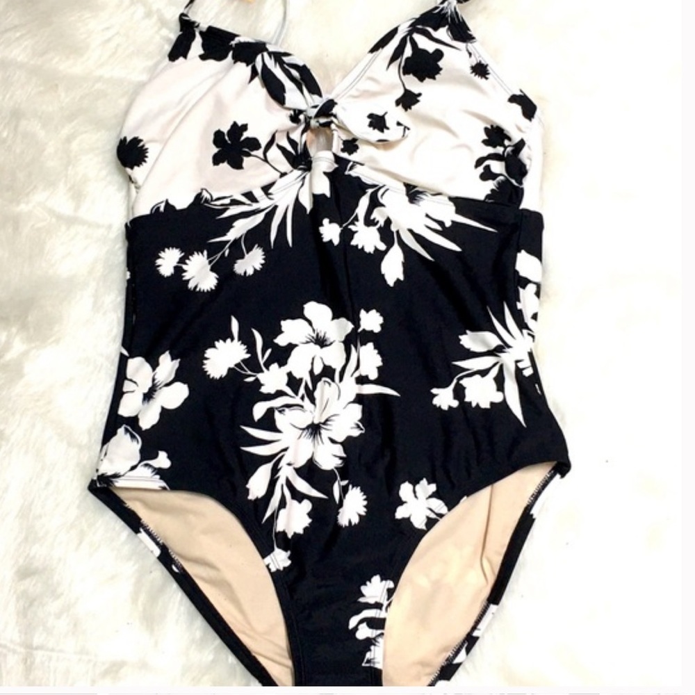Kona Sol Tie Front Flower Print One Piece Swimsuit Black White Size Medium